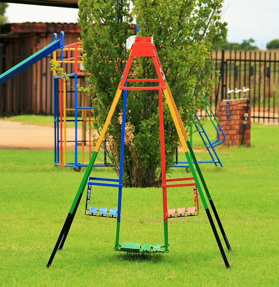 playground, children, colorful, grass, lawn, green, outdoors