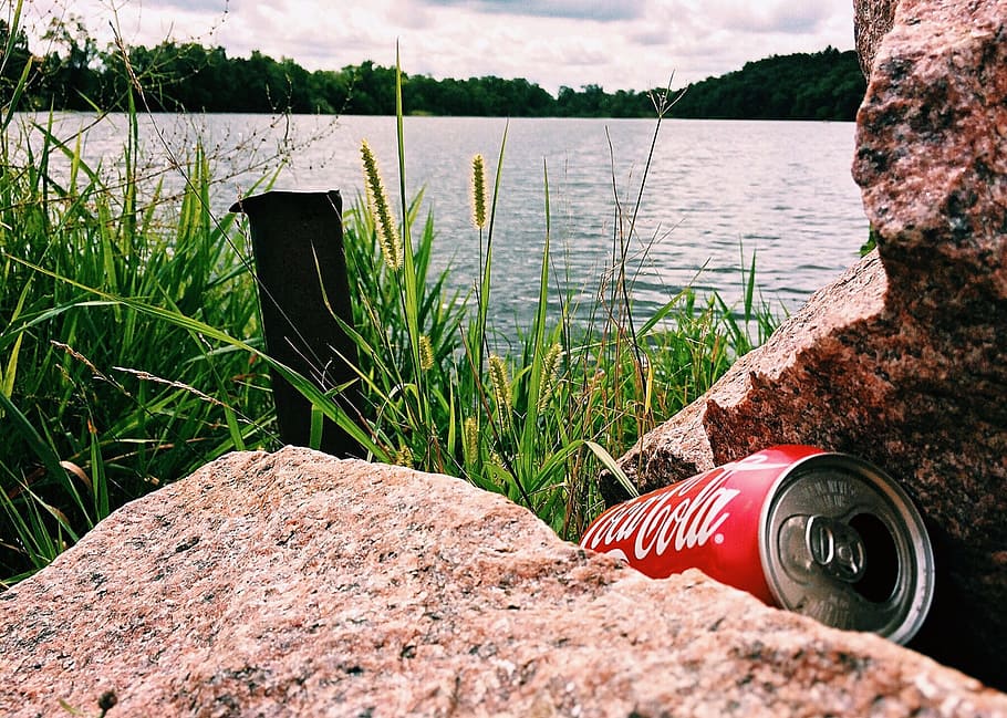 Coca-Cola can in front of body of water, trash, litter, pop can HD wallpaper