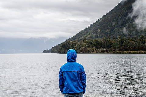 Person Wearing Blue Hoodie Near Body of Water, alone, back, back view HD wallpaper