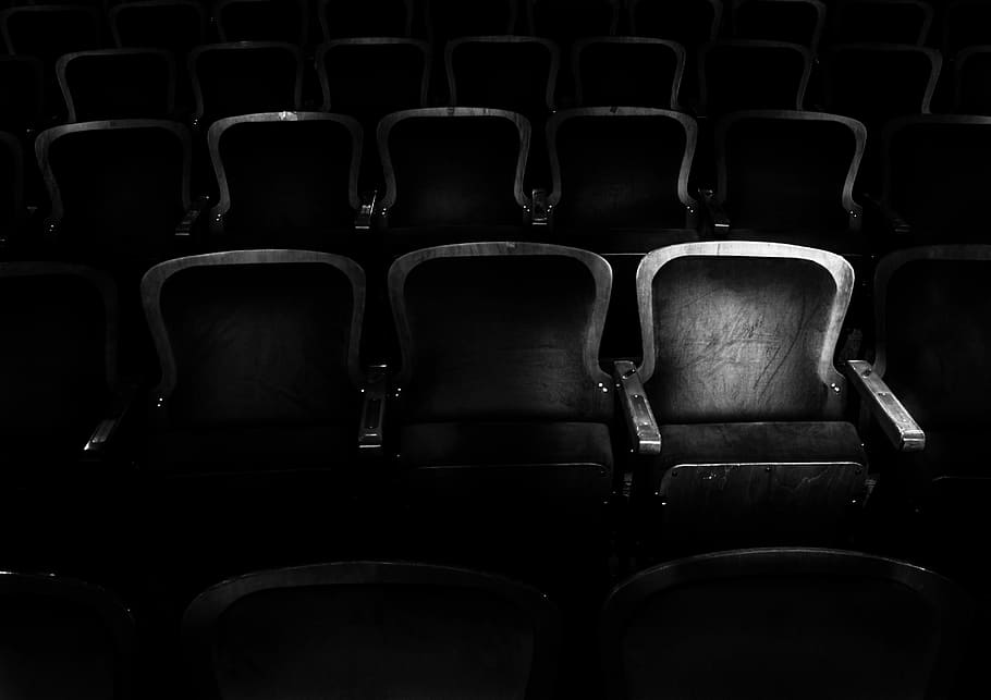 grayscale photography of cinema chair, grayscale photography of theater gang chair