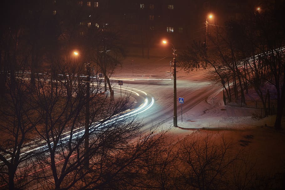 twilight, easy, tree, nature, road, evening, winter, panoramic HD wallpaper