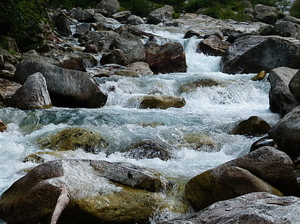 river surrounded with rock, stone, water, cold, murmur, roaring HD wallpaper