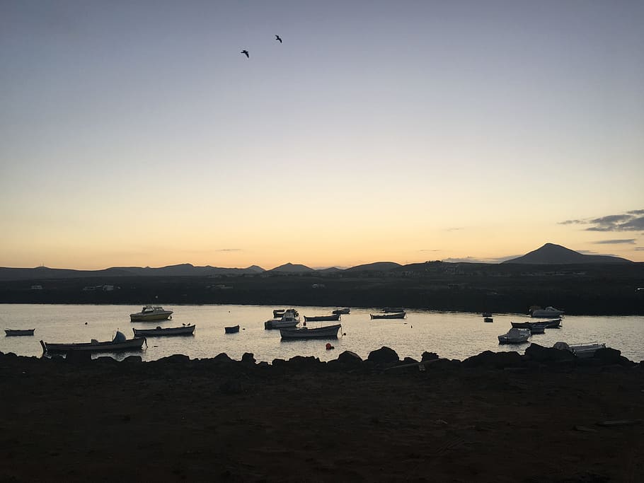 fuerteventura, rest, sunset, boat, calm, water, sky, mode of transportation, HD wallpaper