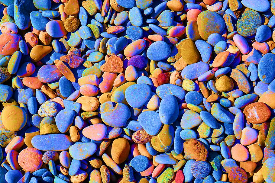 blue and orange pebble lot, stones, about, beach, river, colorful HD wallpaper