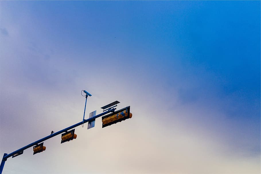 traffic lights, surveillance camera, blue, sky, low angle view HD wallpaper