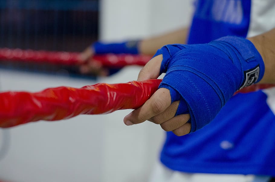 person clinging on red ropes, boxing, fighter, hands, people, HD wallpaper