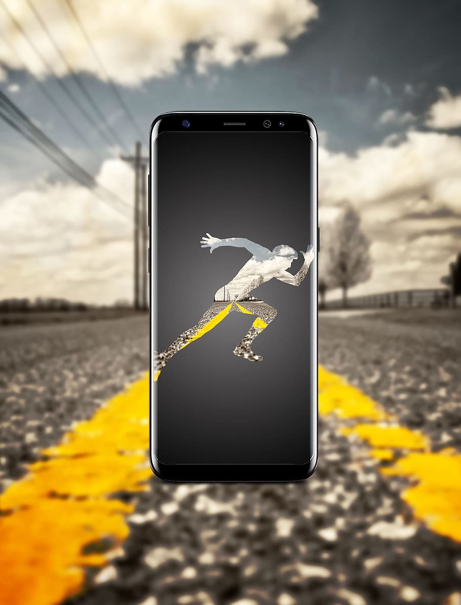 black Samsung Galaxy S8 on road, smart phone, smart phones, technology, HD wallpaper