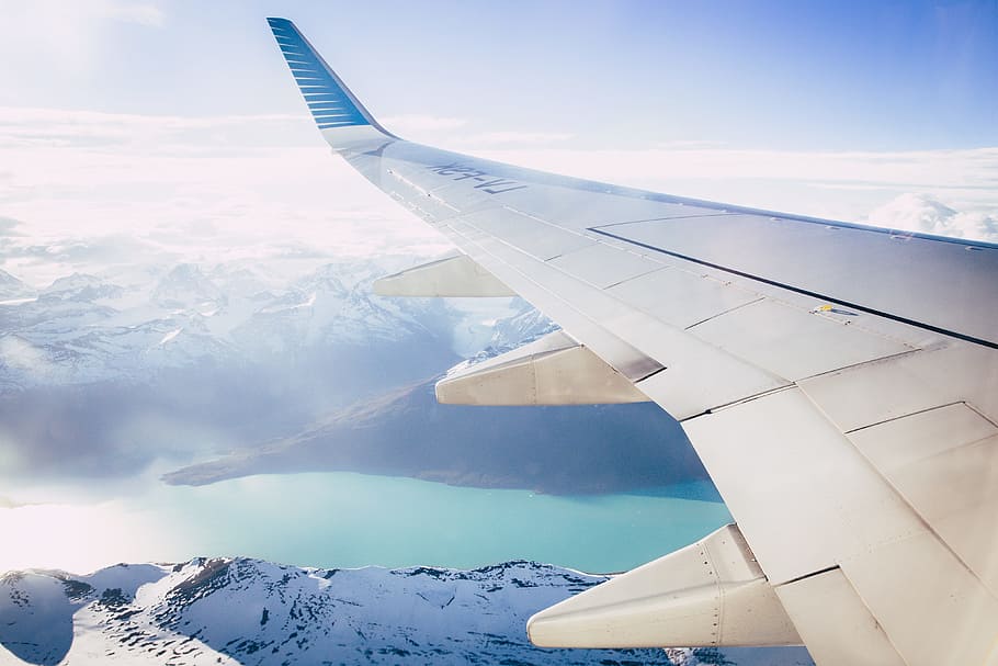 window plane wing photography, aerial photography of snow mountains, HD wallpaper