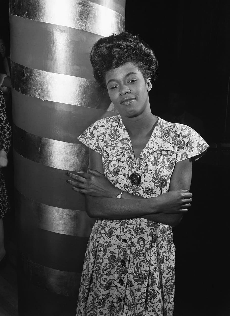woman wearing floral dress, sarah vaughan, portrait, jazz singer
