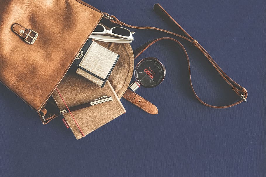 brownb brown leather sling bag, blue, surface, purse, wallet, HD wallpaper