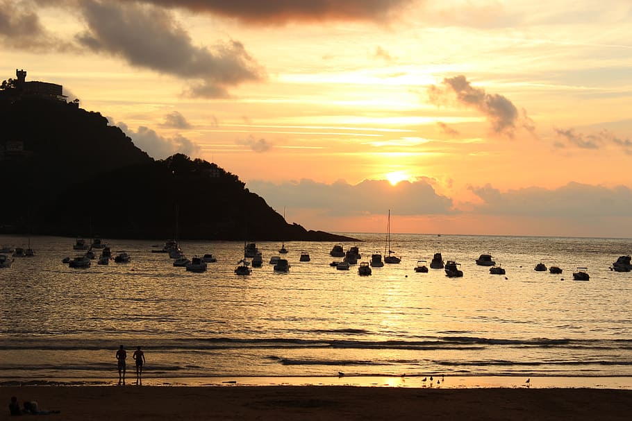 Sunset, Donostia, Shell, sea, beach, nature, water, dusk, summer HD wallpaper