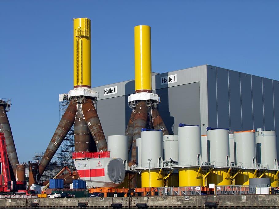 gray and yellow tanks, wind power, offshore, tripod, large HD wallpaper