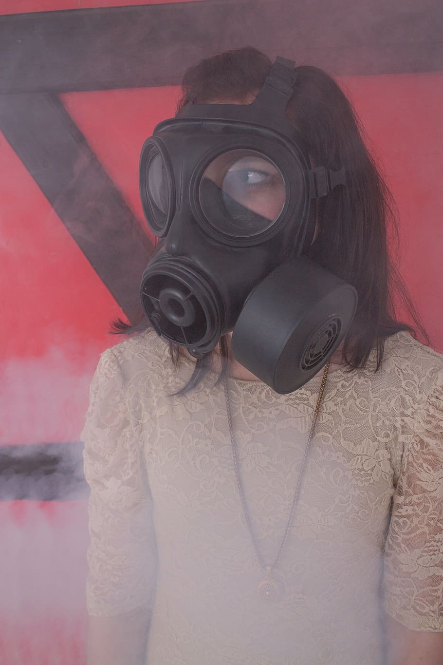 woman wearing gas mask, girl, dress, smoke, fog, abc-attack, chemical weapons, HD wallpaper