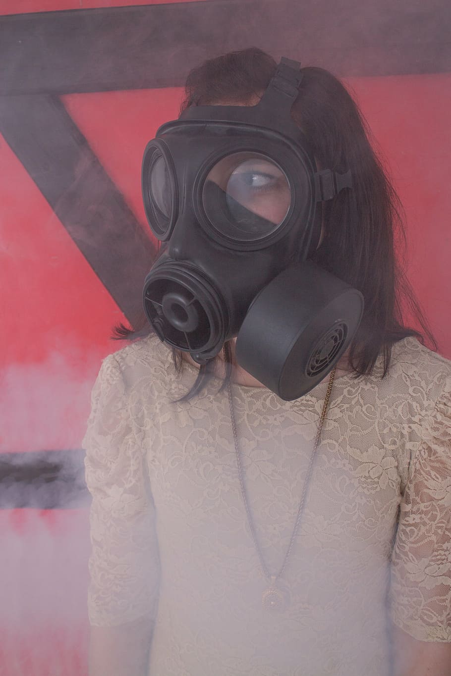 HD wallpaper: woman wearing gas mask, girl, dress, smoke, fog, abc ...