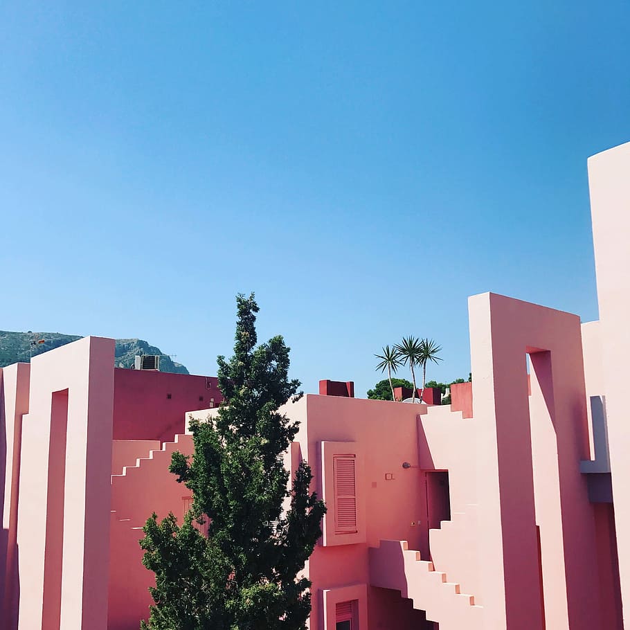 green tree near pink building during daytime, white concrete house and green tree under blue sky HD wallpaper