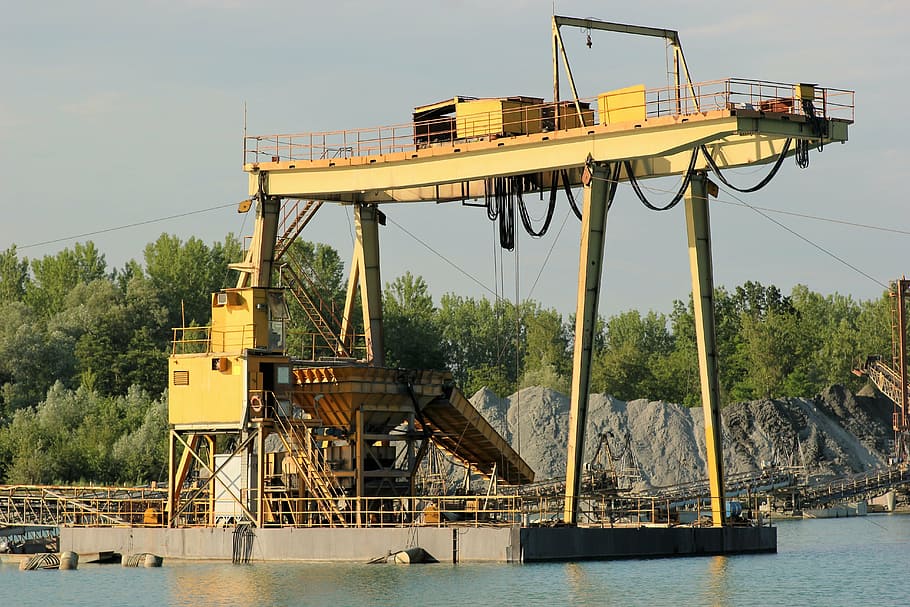boulder exploatation, lake, heavy work, water, machinery, transportation HD wallpaper