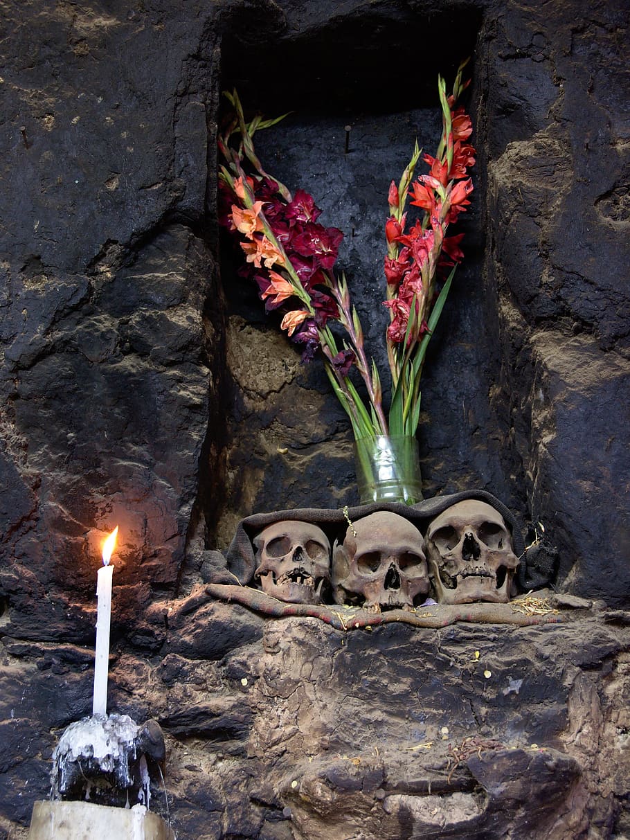 skull, skeleton, grave, tomb, candle, flower, burning, fire HD wallpaper