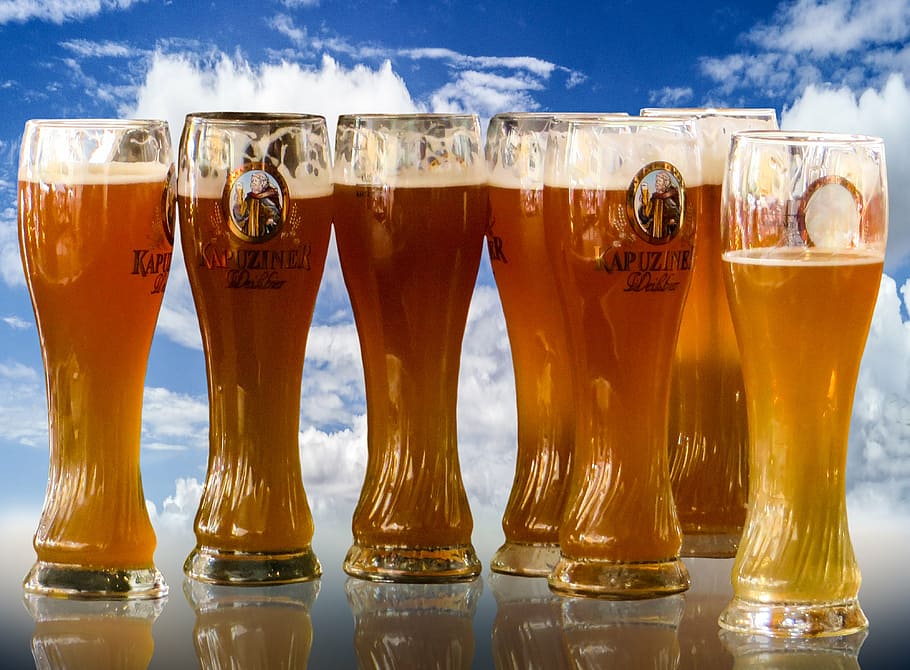 seven glass full of beers, oktoberfest, beer glass, beer garden, HD wallpaper