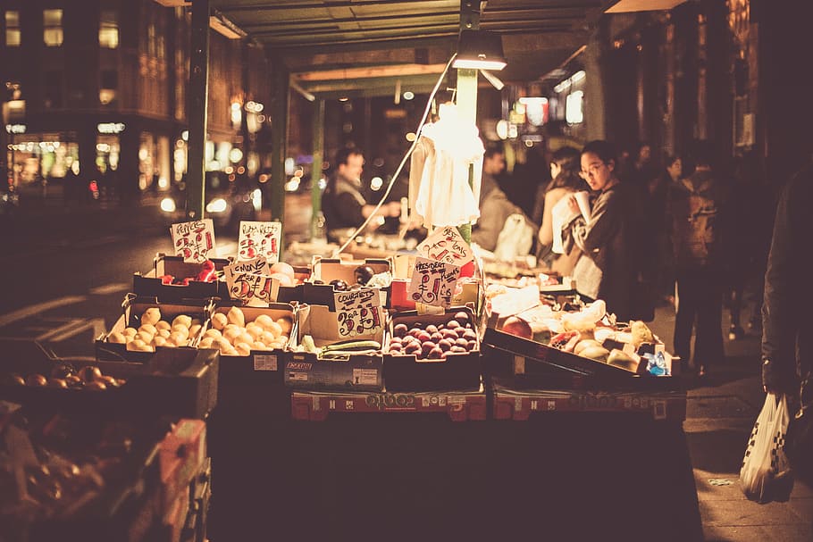 people on fruit stall beside road, untitled, Night, shopping HD wallpaper
