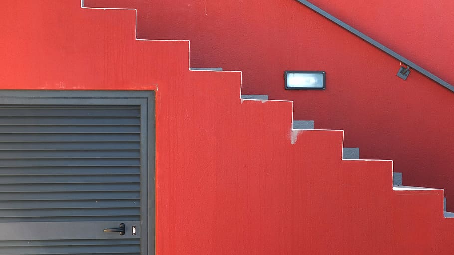 gray wooden cabinet, steps, red, modern, architecture, building exterior HD wallpaper