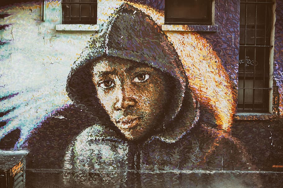 Street Art depicting a man wearing a hoodie top, urban, graffiti, HD wallpaper