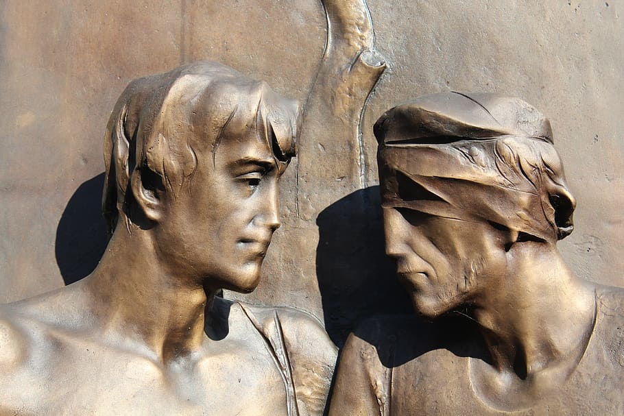 two men brass figures, solidarity, help, statue, blind, bronze HD wallpaper