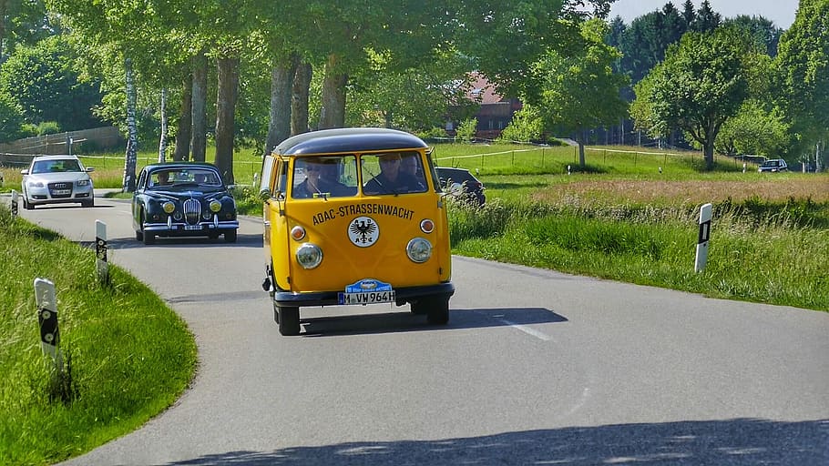 road, auto, transport system, asphalt, drive, oldtimer, vw bus HD wallpaper