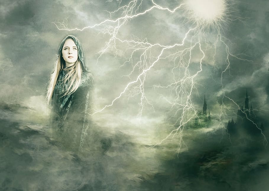 goddess, composite, lightening, separated by comma, women, one person, HD wallpaper