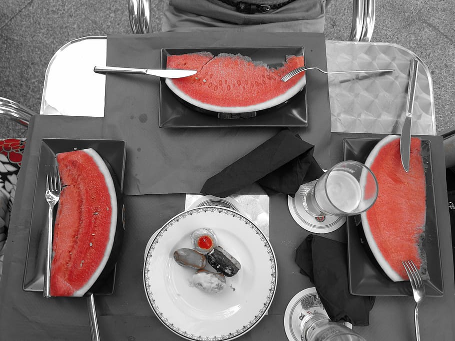 melon, eat, fruit, watermelon, red, embroidery, high angle view HD wallpaper