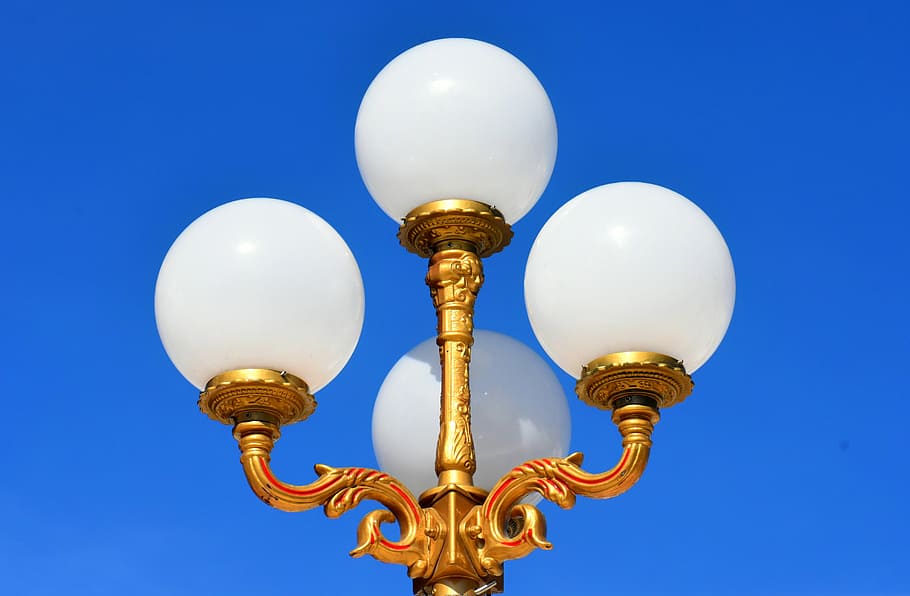 lamp, lantern, balls, lighting, street lamp, blue, clear sky HD wallpaper