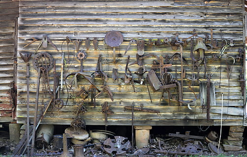 Old, Rustic, Wall, Farm, Tools, rusty, farm tools, rural, background HD wallpaper