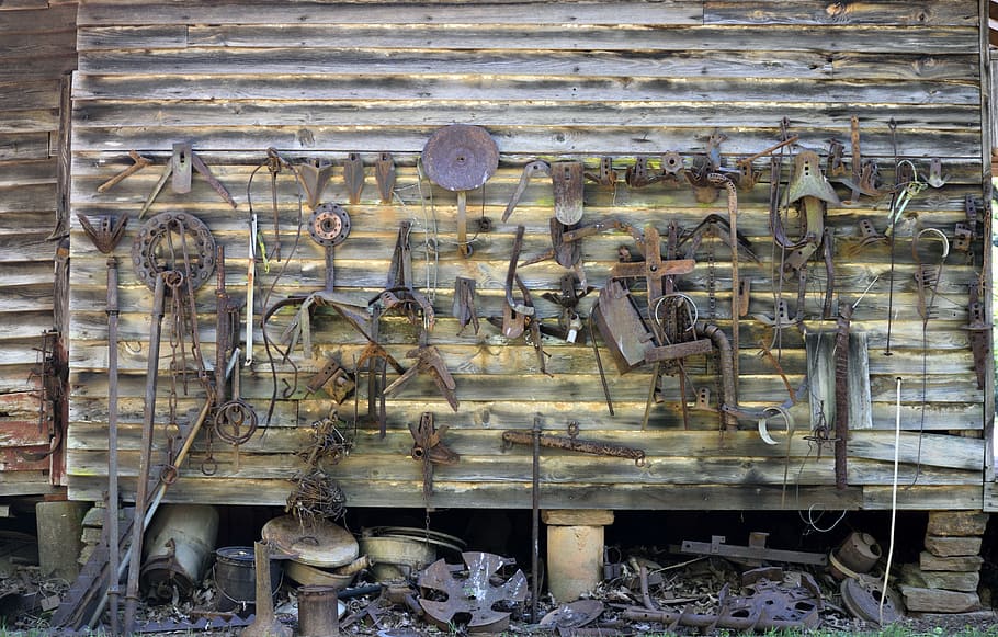 Old, Rustic, Wall, Farm, Tools, rusty, farm tools, rural, background HD wallpaper
