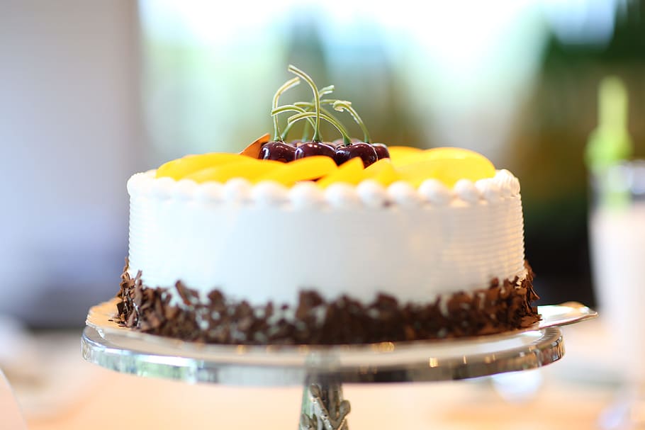 cake on gray metal cake stand, birthday, birthday cake, cherries, HD wallpaper