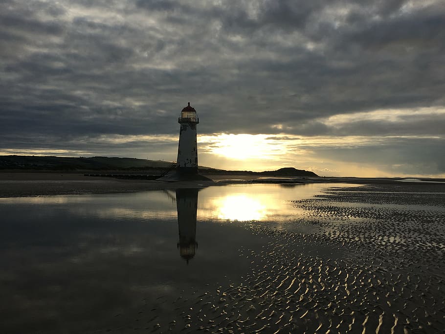 talacre, lighthouse, sunset, dusk, beacon, maritime, landmark HD wallpaper