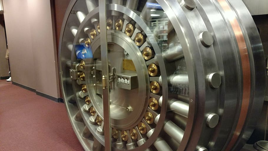 silver bank vault, vault door, safe, security, steel, lock, protection