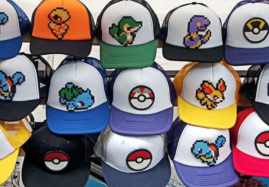 pile of assorted-color Pokemon trucker hats, go, pokemon go, baseball, HD wallpaper