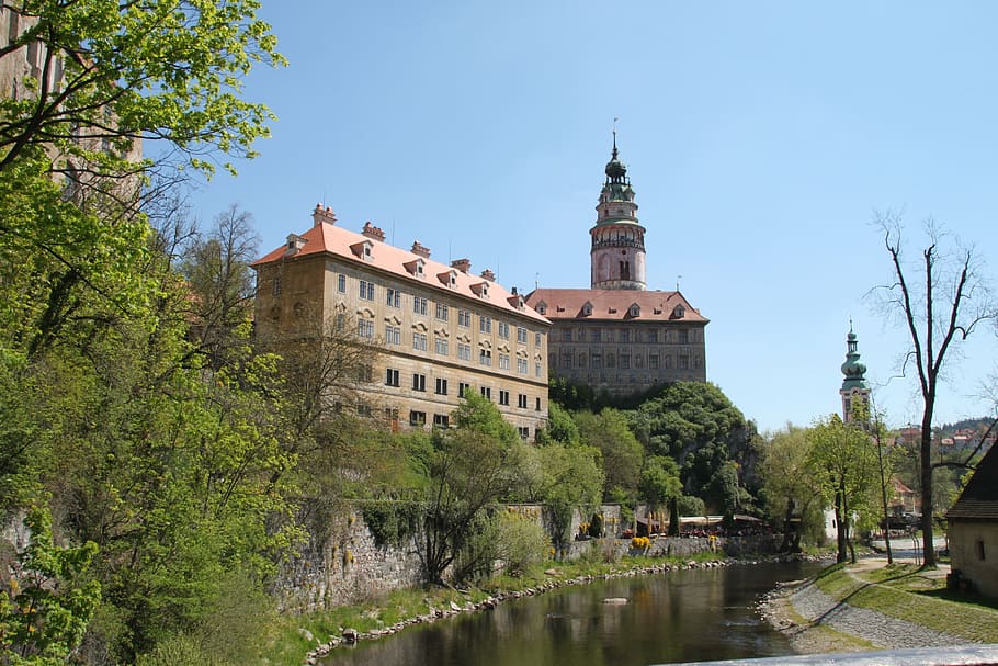 castle, river, czech republic, tree, plant, building exterior HD wallpaper