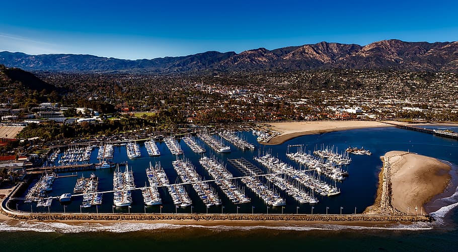 ship docks aerial photography, santa barbara, california, marina