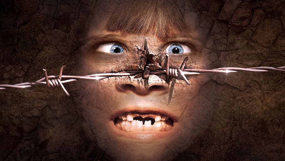 person's face and gray barb wire, fantasy, horror, composing, HD wallpaper
