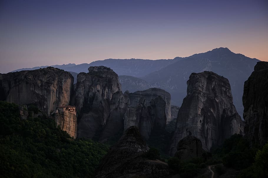 rock monolith, gray rocky mountains, rocks, cliff, sky, dark HD wallpaper
