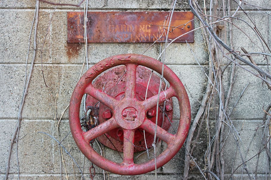 old textile mill, wheel, rusty, red, metal, no people, day HD wallpaper