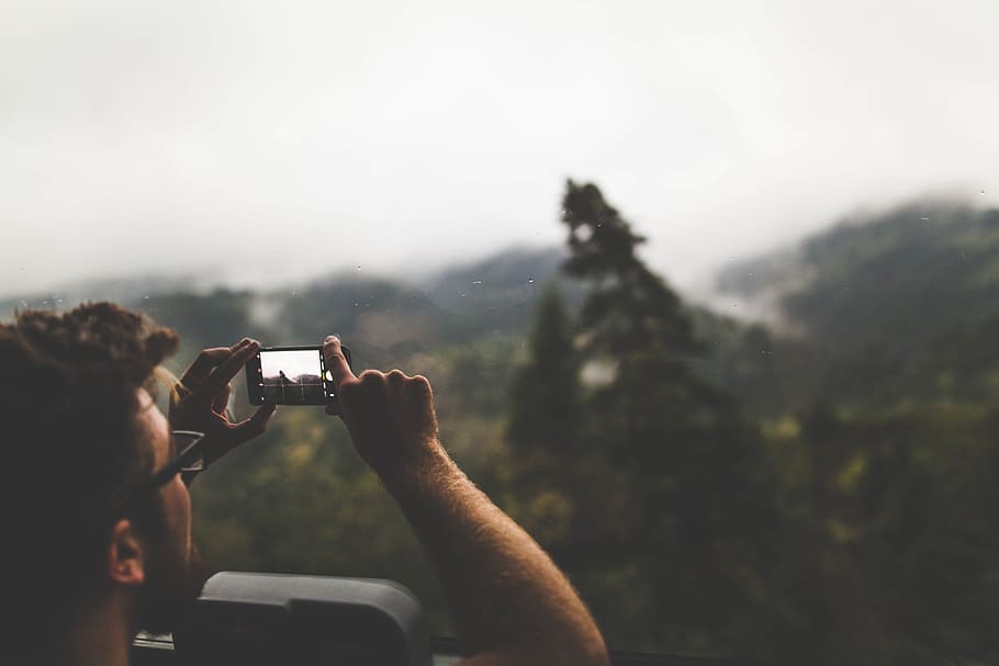 sky, mountain, camera, phone, people, man, photography, trees HD wallpaper