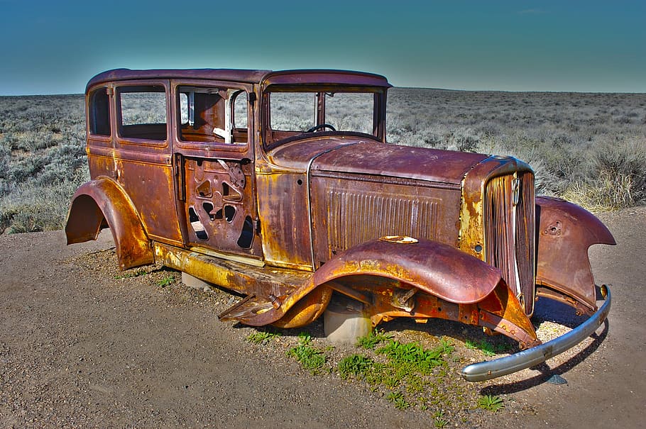 brown vintage vehicle on brown sand, Antique Car, American, Nature
