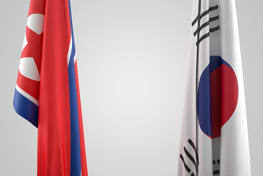 two North and South Korea flags, conflict, country, crisis, diplomacy