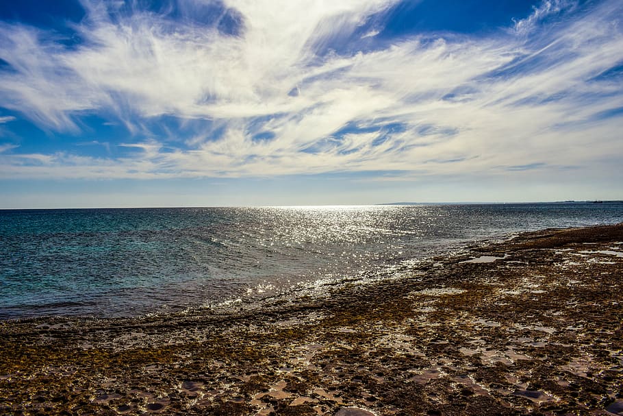 sky, clouds, strange, sea, sunlight, nature, coast, horizon HD wallpaper