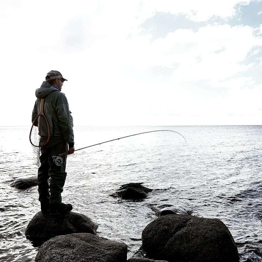 man standing on rock holding fishing rod, Flyfishing, Fisherman, HD wallpaper