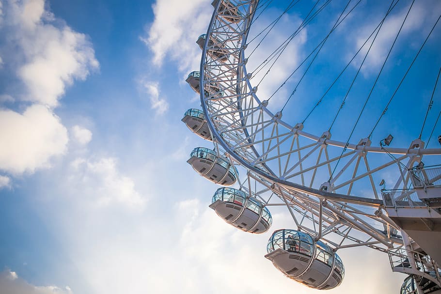 photo of white London Eye Ferris wheel under cloudy blue sky HD wallpaper