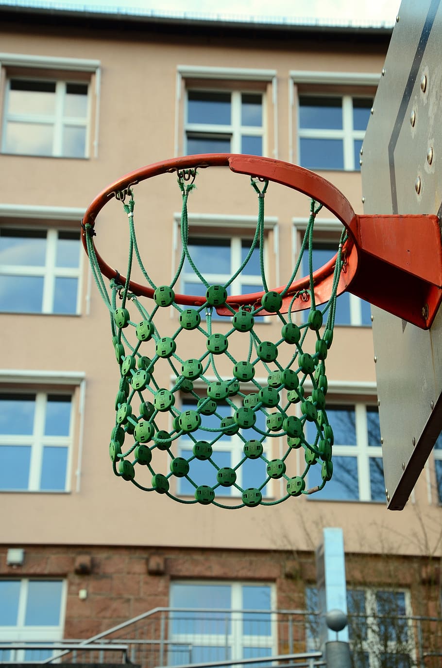 green basketball hoop, school, schoolyard, sport, play, break