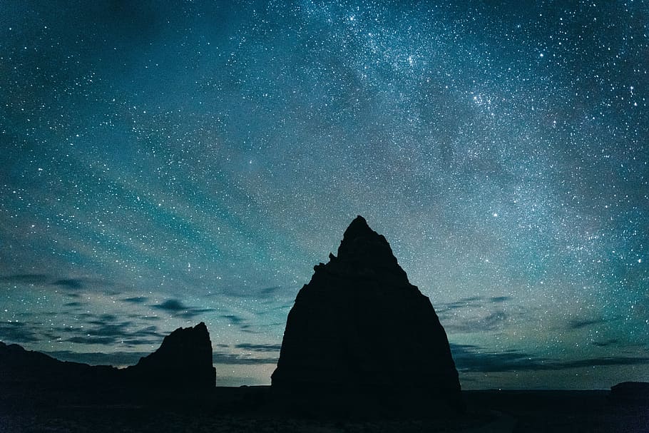 rock, hill, dark, sky, clouds, stars, star - space, astronomy HD wallpaper