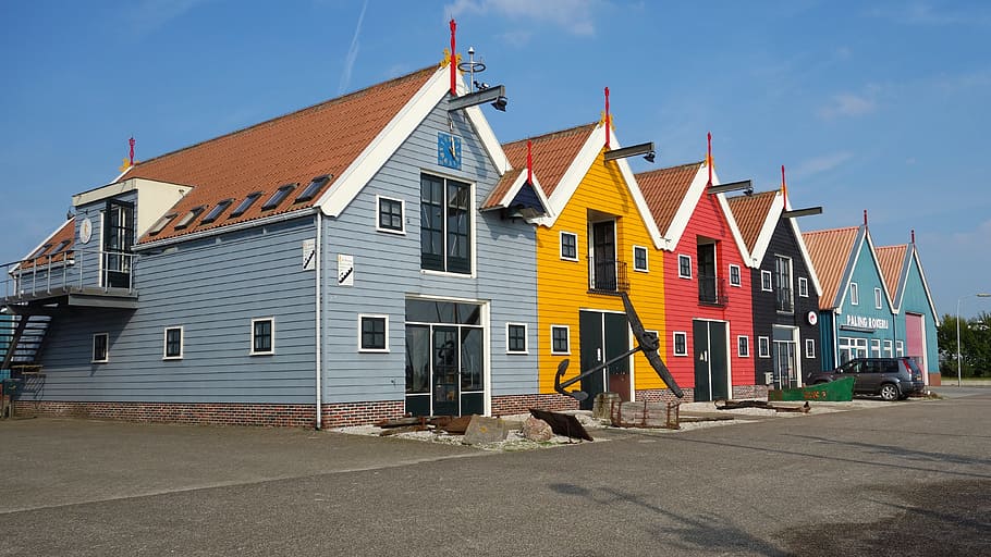 cottages, row, coloured, multicolour, colourful houses, warehouses